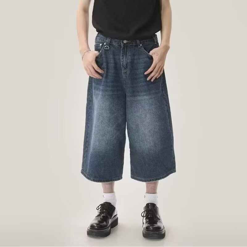 Summer Niche All-match American Style Retro Old Blue Denim Shorts Men's Loose Straight Wide Leg Cropped Pants Draped