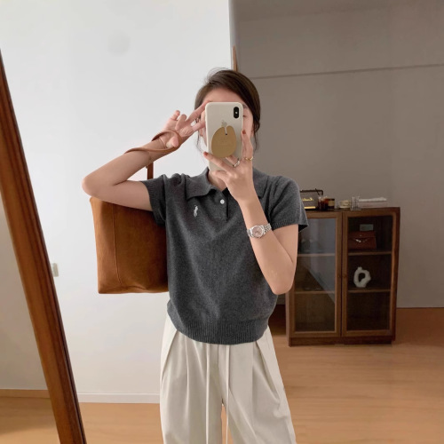 POLO Short Sleeve Knit Top for Women - Summer Korean Style New Arrival, Versatile Embroidered Slim Fit Small Women's Top, Fashion Trendy