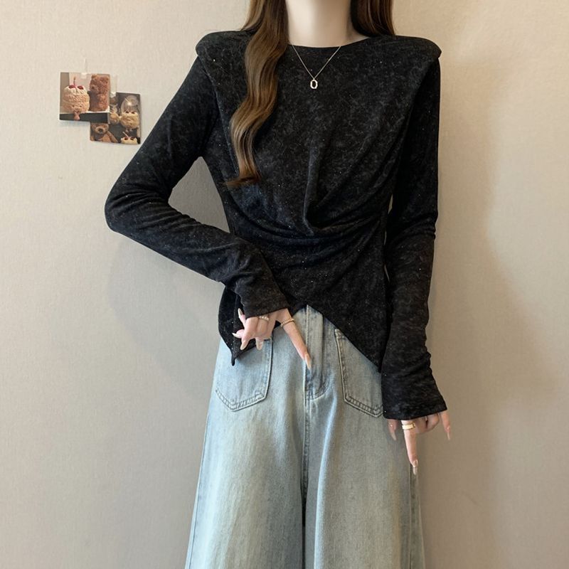 Plus Size Round Neck Cross Irregular Tie-Dye New Style Shoulder Pad Bottoming Top Slightly New Waist Slimming Top Autumn