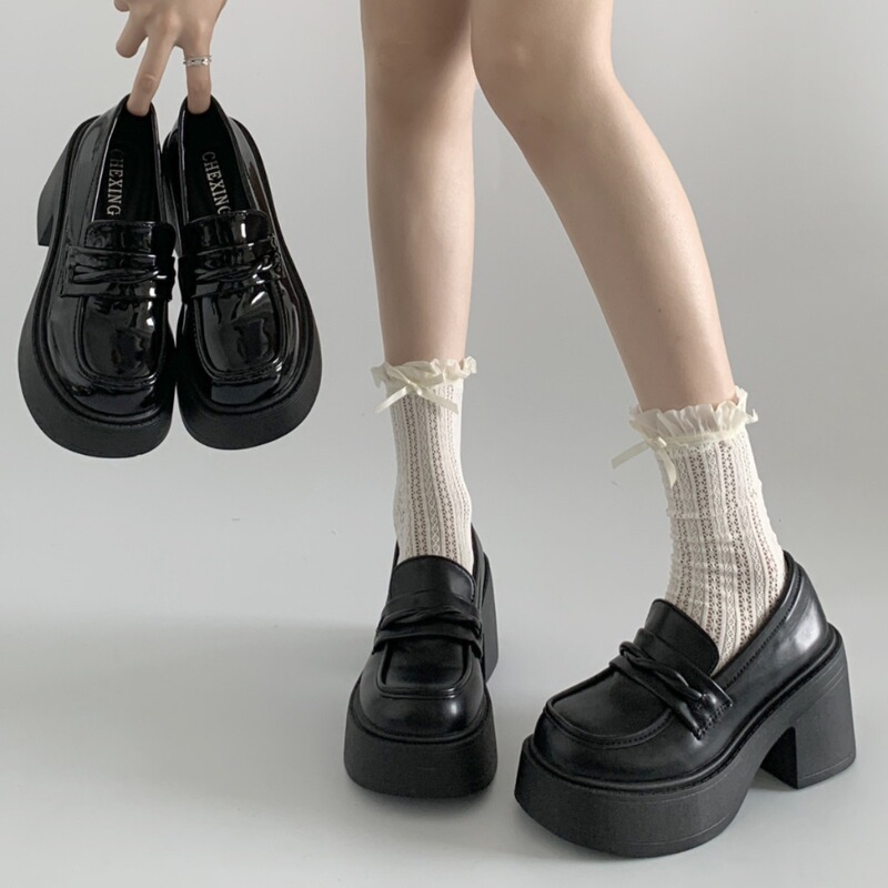 Black British-Style Versatile High-Heeled Thick-Soled Leather Shoes for Women 2024 New Summer Slip-On Height-Increasing Loafers