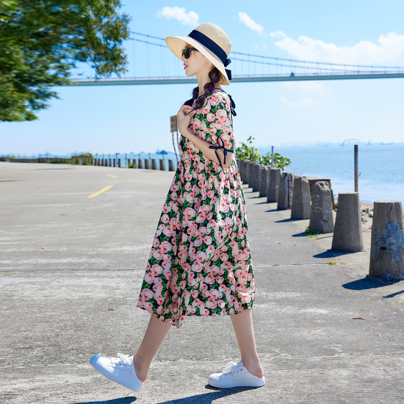 Vestido de niña Zhongda 2024 nuevo estilo estilo estilo occidental manga abullonada princesa falda larga niña falda de playa algodón puro verano