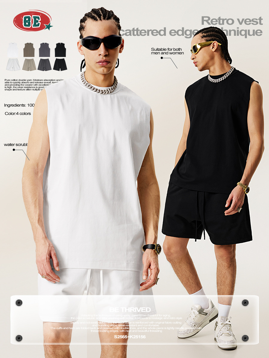 Ropa para Hombre BE | Conjunto de Verano 2025 Estilo Americano, Chaleco sin Mangas con Cuello Invertido, Camiseta Holgada y Pantalones Cortos Casuales para Hombre