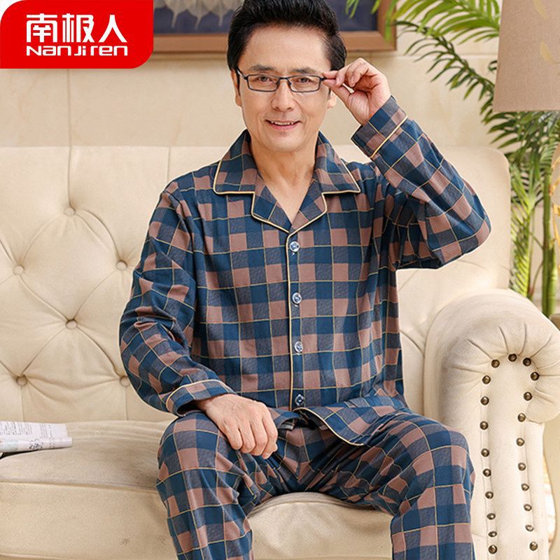 Pijamas de hombre primavera y otoño de mediana edad 100% algodón de manga larga de mediana edad y anciano papá más tamaño traje de homewear
