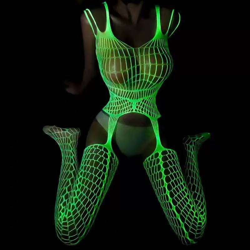 Luminous Sexy Lingerie with Suspenders, Hollow-Out Bodystocking, Open-Crotch Fishnet Stockings, Plus Size Luminous Sexy Lingerie with Suspenders, Hollow-Out Bodystocking, Open-Crotch Fishnet Stockings, Plus Size