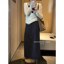 2025秋冬新款韩版简约百搭显瘦松紧腰抽绳直筒开叉高腰针织半身裙