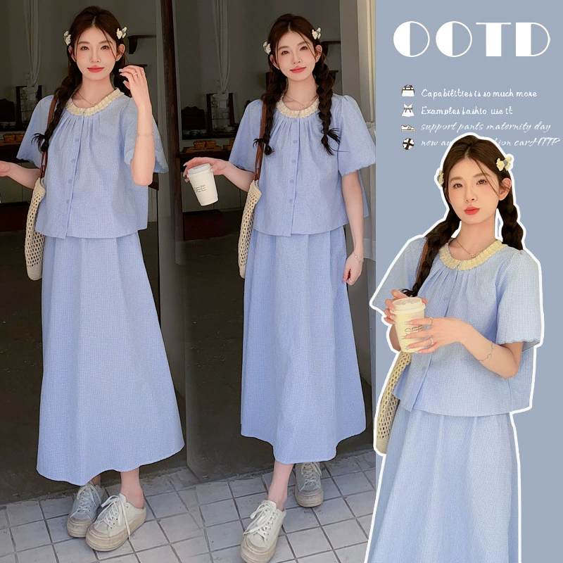 Реальная съемка спот 2024 Новый летний кружевной ретро клетка свободная повседневная юбка свинья носовая пряжка регулируемая