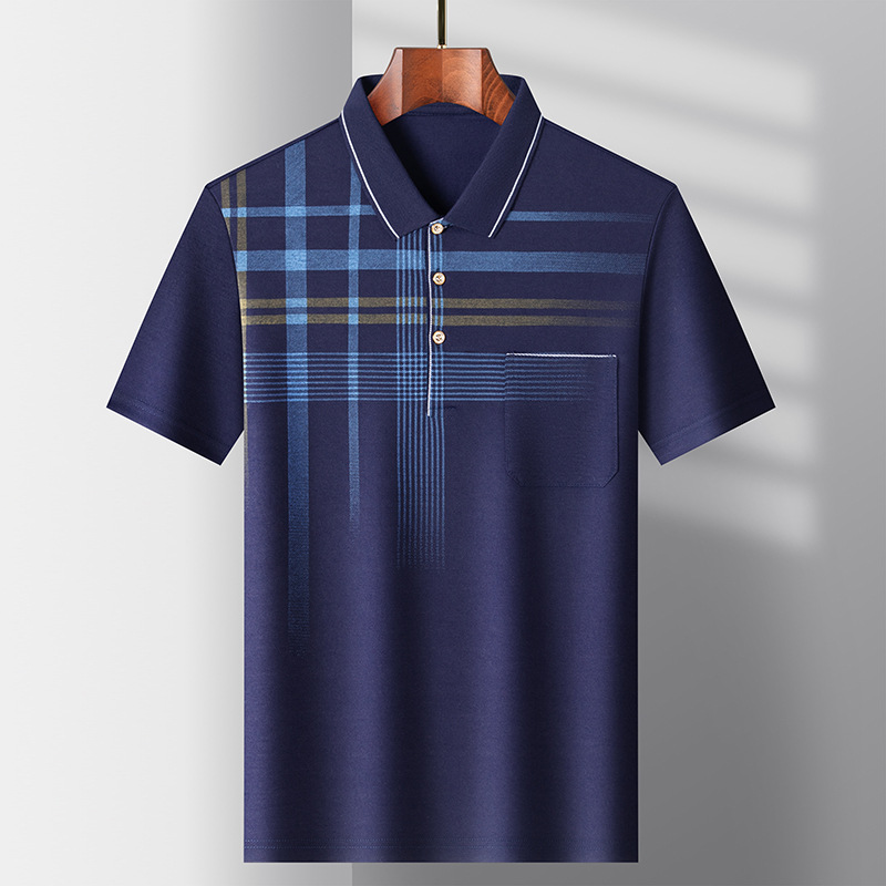 Verano de los hombres nueva camiseta de manga corta rayas verticales hielo seda luz sentido media manga Polo papá desgaste deportes Top ropa de hombre