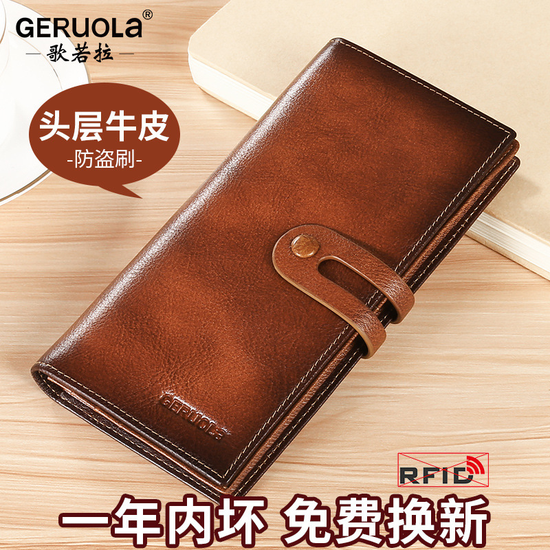 Cartera de cuero de capa larga para hombre, posición de múltiples tarjetas, bolso de embrague de cuero retro, billetera de cepillo antirrobo, hebilla de color