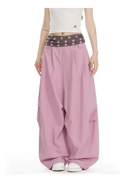 American-Style Polka Dot Waistband Patchwork Color-Blocked Pleated Parachute Pants for Women, Loose Wide-Leg Long Pants, Jazz Dance Casual Pants