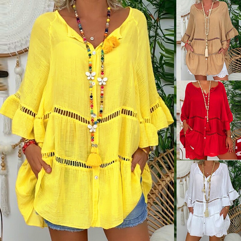 New Women's Three-Quarter Sleeve Cotton and Linen V Neck Loose Button Cut Out Large Size Top Dress