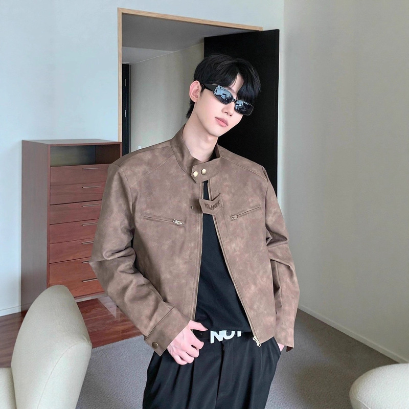 High-End Niche High Street Jackets for Men and Women, Short Brown Coffee Bomber Jackets, American Retro Motorcycle Leather Jackets