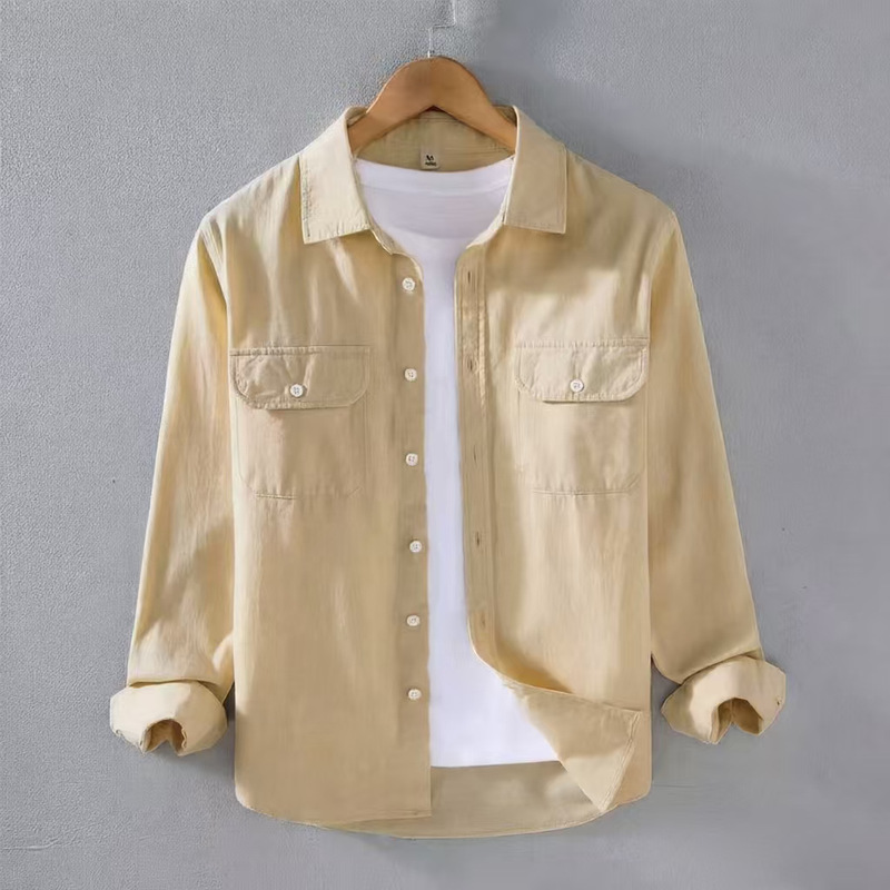 Casual long-sleeve shirt, versatile loose-fitting pocket top, men's shirt, spring and autumn trendy men's clothing, solid color workwear, cross-border Casual long-sleeve shirt, versatile loose-fitting pocket top, men's shirt, spring and autumn trendy men's clothing, solid color workwear, cross-border