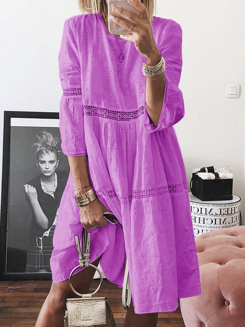 Women'S Gender Vacation Style Embroidery, Patchwork, Lace, Hollow Out, Jacquard Craft Wholesale Women'S Vacation Jacquard Solid Color Holiday Street Round Neck Half Sleeve A-Line Skirt