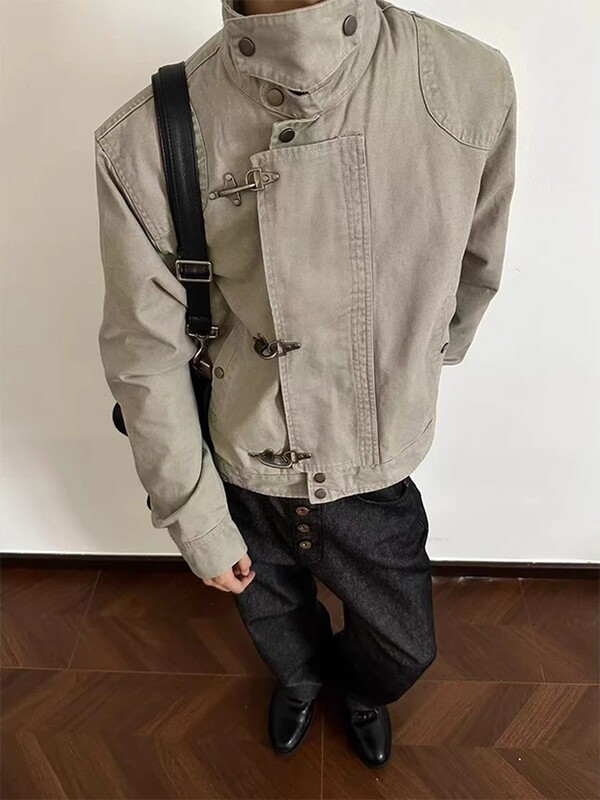 Airplane Button Lapel Jacket for Men and Women, Spring and Autumn American Retro Vintage Short Wide Workwear Outerwear