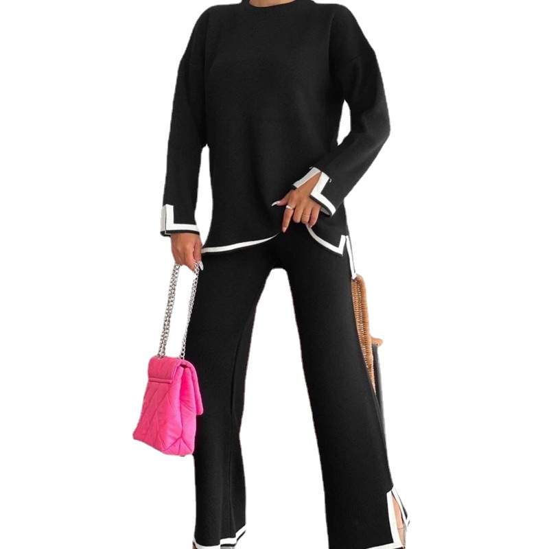 Damenbekleidung Langarmpulloveranzug Strickoberteil Hosenanzug_voghion.com