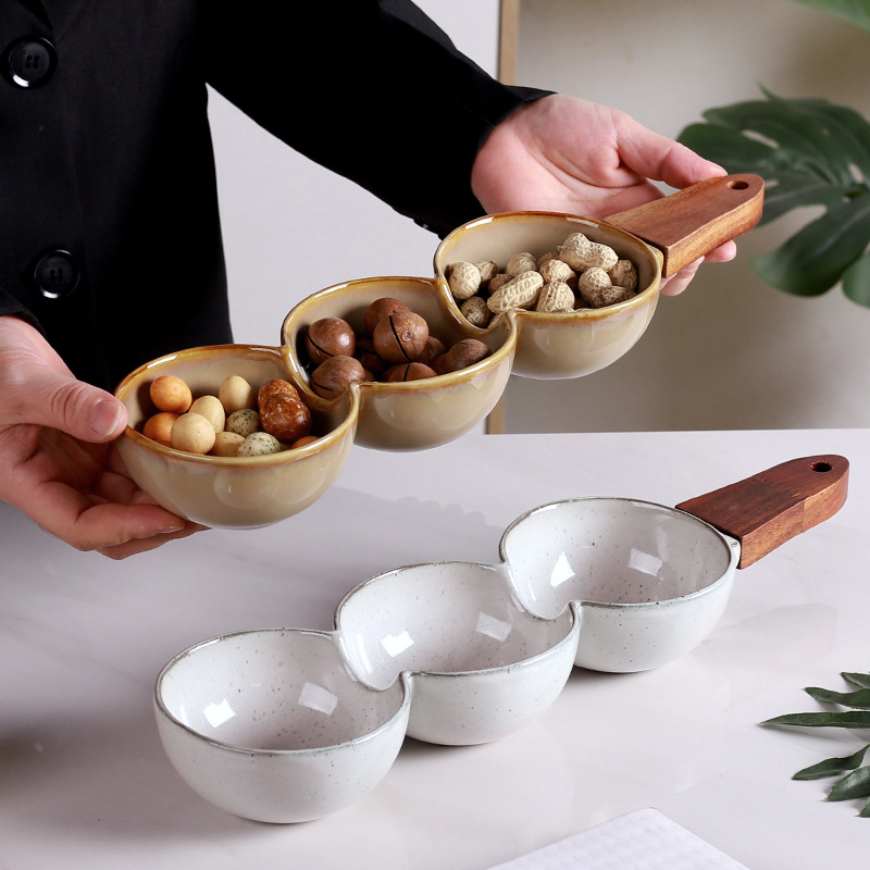 Plato de frutas secas de cerámica creativa europea, plato de bocadillos retro de alto valor de madera, plato de bocadillos de nueces mayorista