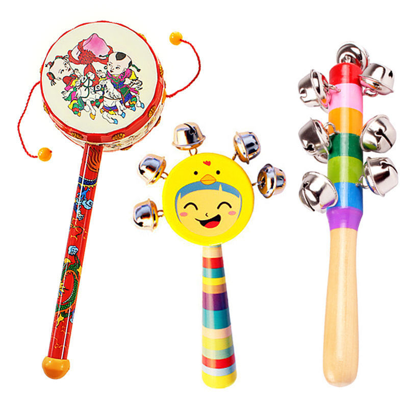 Peace drum + colorful rattles + smiley face rattles (colors random)