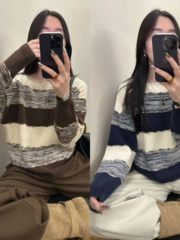 撞色条纹针织衫女宽松外穿2025秋冬新款慵懒洋气圆领长袖打底毛衣|undefined