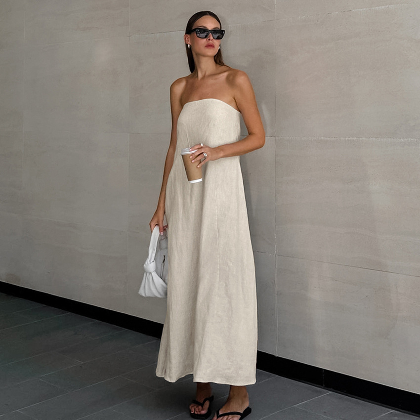 2026 Summer European And American Sexy Khaki Cotton Linen Strapless For Women, Vacation Casual Ramie A-line Dress_ecoleips.com