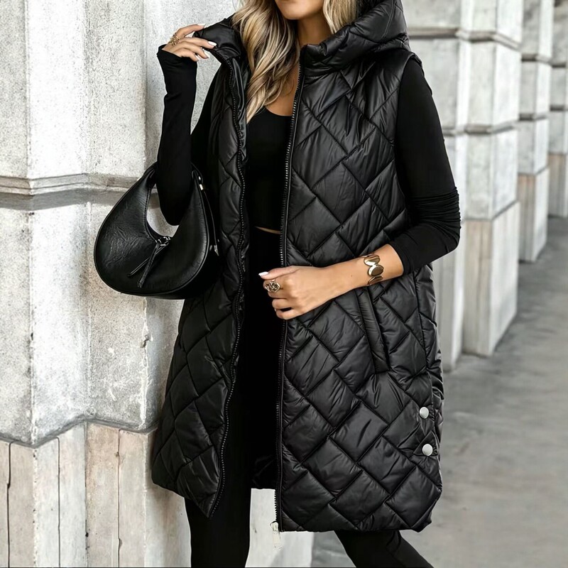 2026 Autumn and Winter New Style Mid-Length Hooded Quilted Cotton Vest for Women, Thickened Warm Jacket, Korean Style, Loose and Versatile, Trendy 2026 Autumn and Winter New Style Mid-Length Hooded Quilted Cotton Vest for Women, Thickened Warm Jacket, Korean Style, Loose and Versatile, Trendy