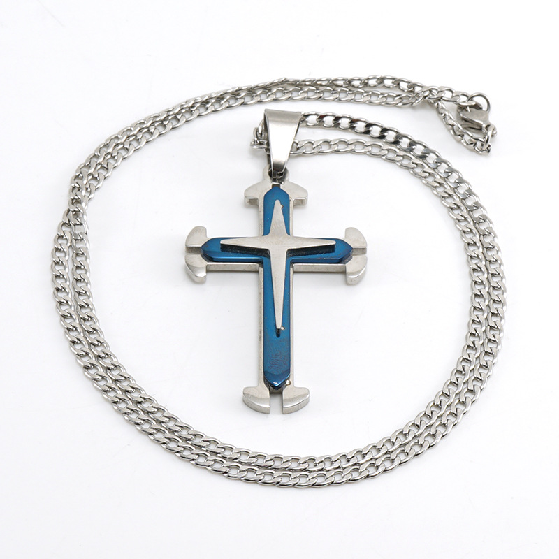 Cruz-frontera europea y americana de acero inoxidable de moda multi-capa Cruz colgante collar de los hombres de 18 quilates de oro hip hop collar de acero de titanio