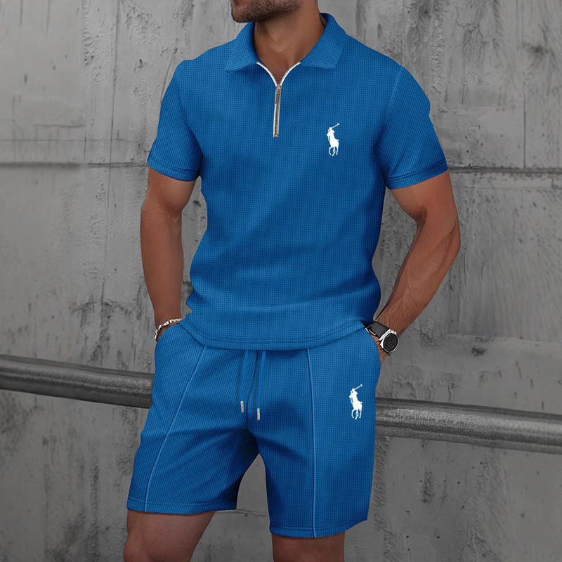 2025 크로스보더 남성 유럽과 미국 AliExpress 여름 와플 솔리드 컬러 지퍼 반팔 정장 반바지 투피스 슈트