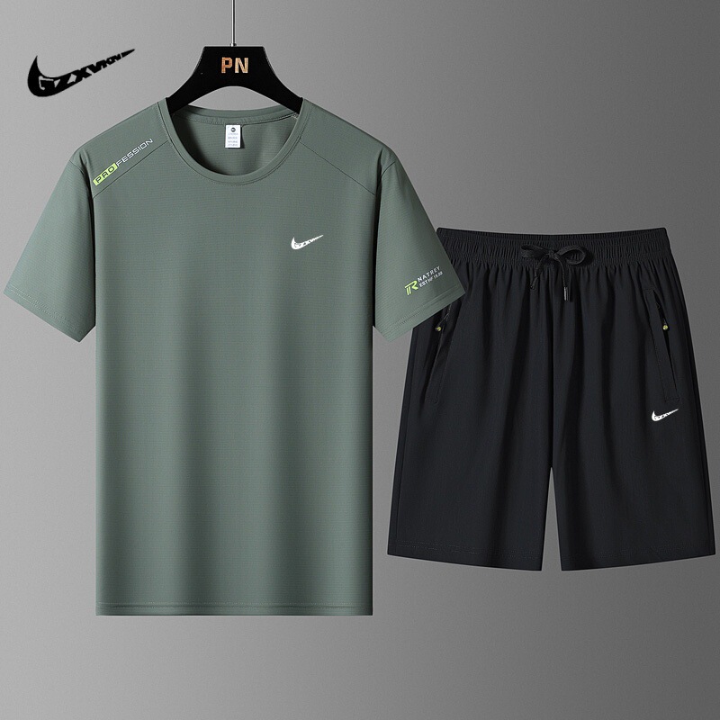 2025 Summer Ice Silk Short-sleeved Shorts Men's and Women's Round Neck Ice Silk Quick-drying Breathable Casual Loose plus size suit