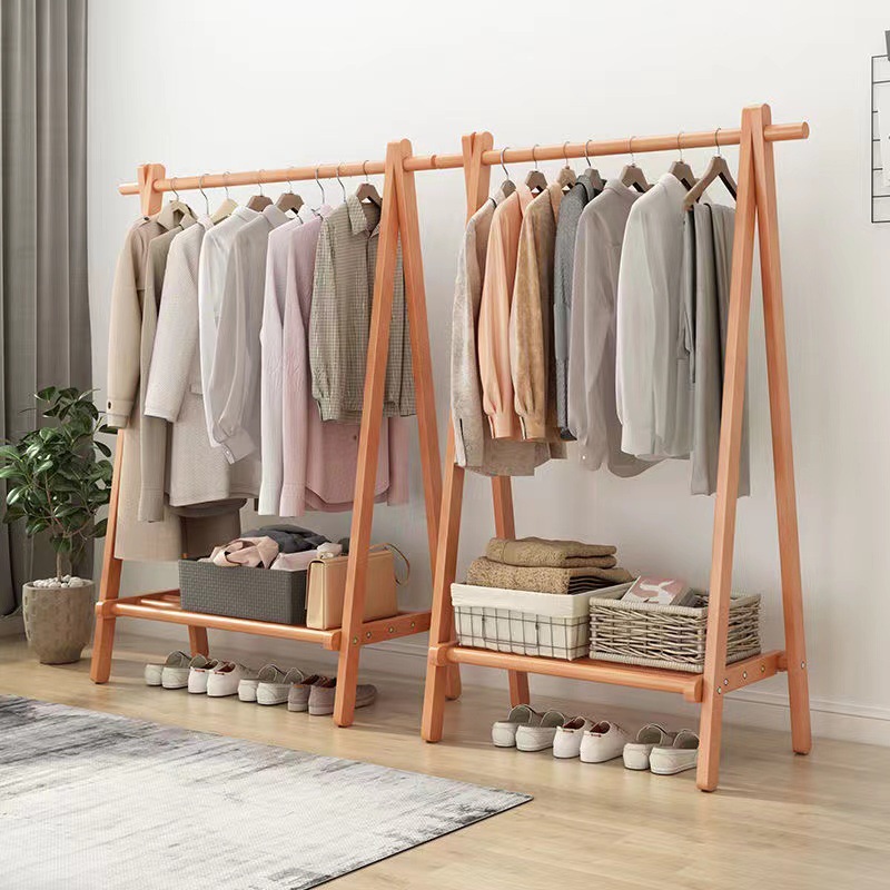 Pure Solid Wood Beech Foldable Coat Rack Bedroom Simple Hanger Multi-Functional Floor Household Clothes Rack
