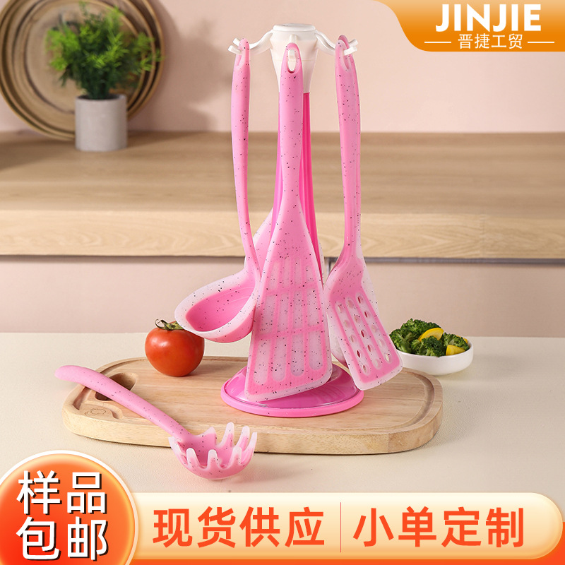 新款彩點硅膠廚具7件套帶塑料廚具掛架硅膠包尼龍廚具硅膠勺鏟