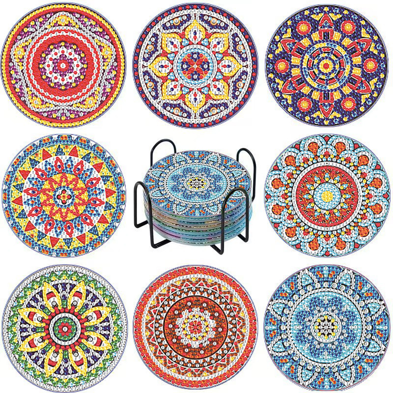 Posavasos de pintura de diamantes de diamantes de diamantes completos transfronterizos hechos a mano almohadilla de aislamiento térmico de diamantes de punto de acrílico redondo de bricolaje fondo de corcho antideslizante posavasos