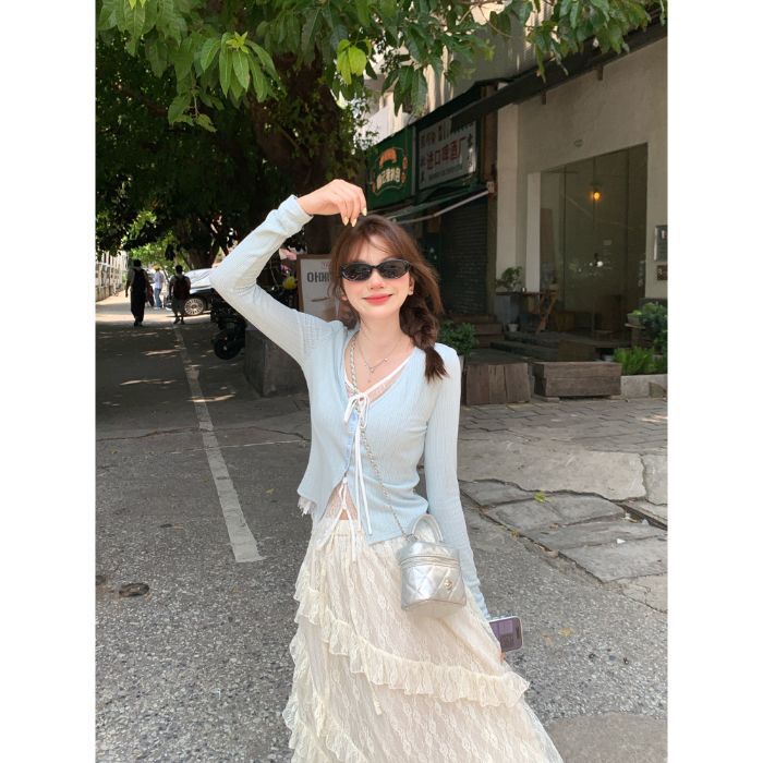 黑色辣妹风蕾丝拼接绑带假两件撞色t恤女春季显瘦打底衫长袖上衣|undefined