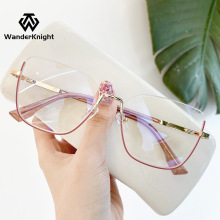 跨境新款抖金属猫眼半框平光镜女潮流细框眼镜框复古防蓝光眼镜