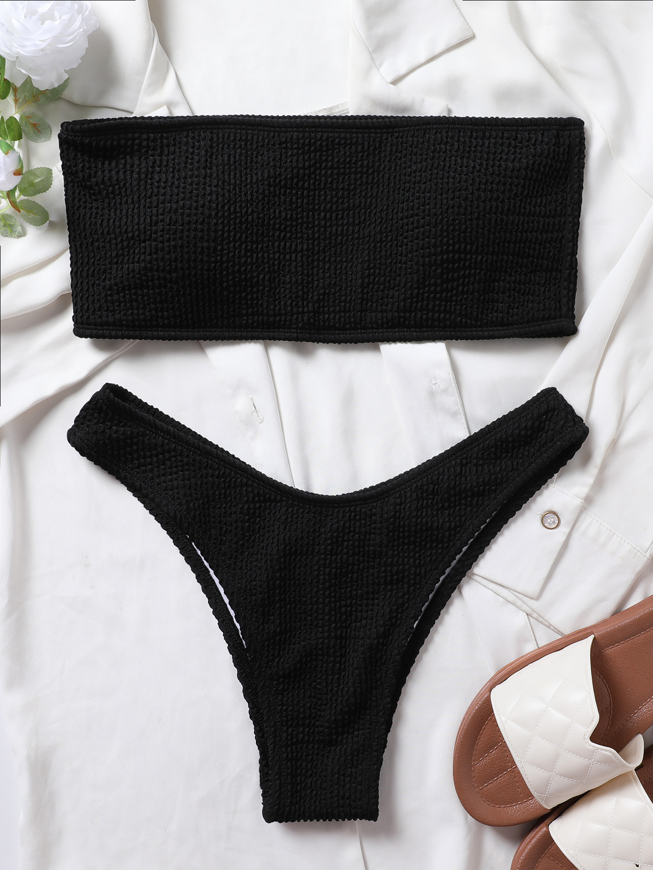 Women's Strapless Two Piece Swimsuit Sexy Solid Color Tight Bikini Style Ribbed_ecoleips.com