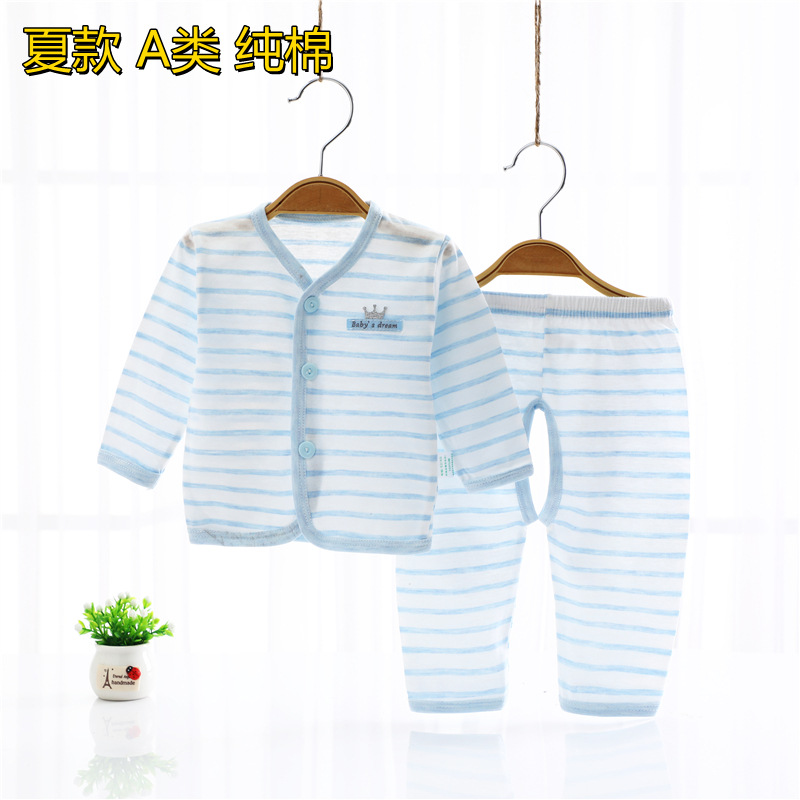 0~3月初生儿衣服 夏季空调服纯棉对扣长袖新生儿套装男女宝宝睡衣