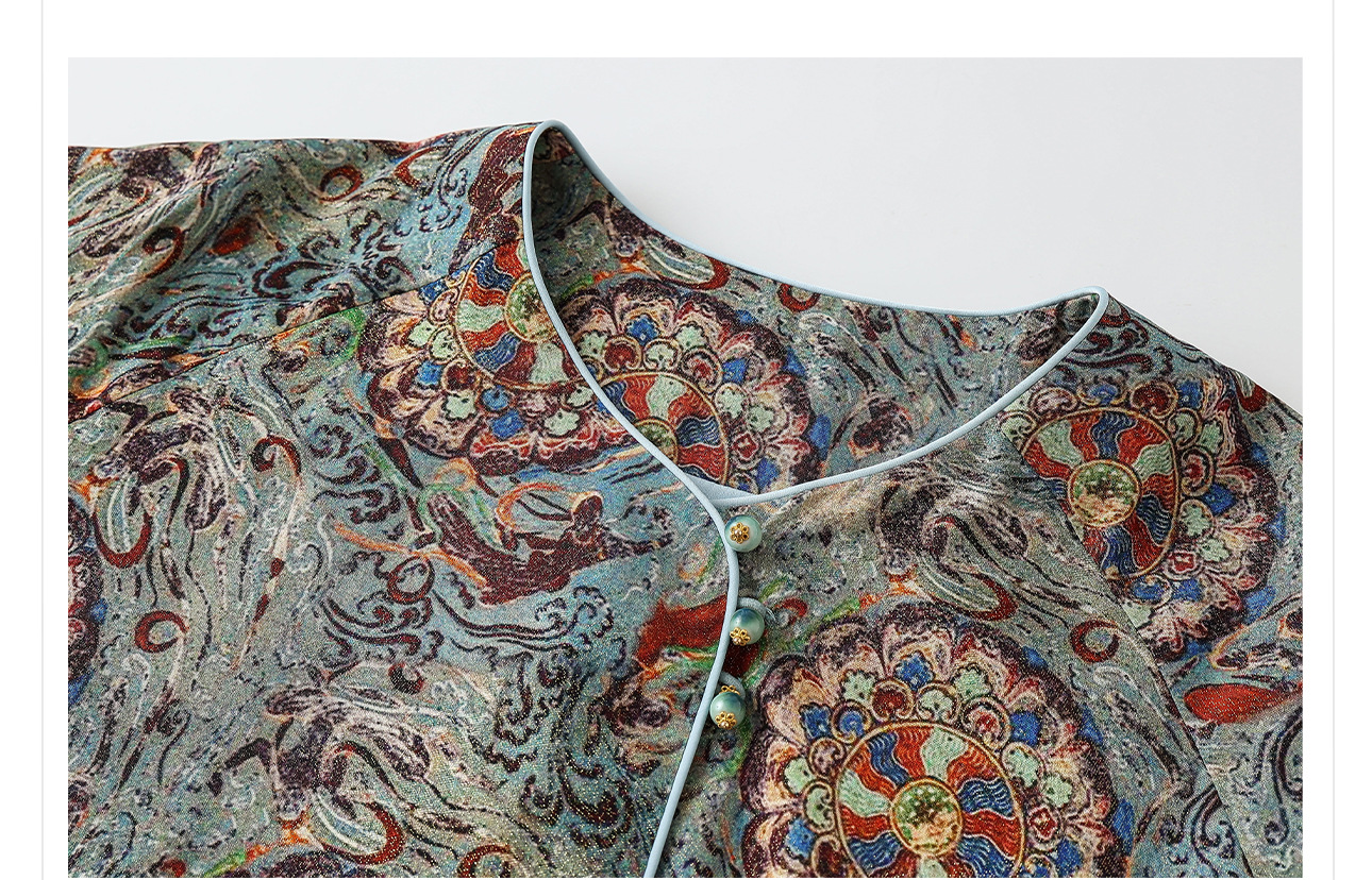 Áo khoác nữ phong cách Trung Hoa mới, cổ chéo, in thêu chỉ vàng, chất rayon cao cấp N8042 — màu xanh nhạt chi tiết 20