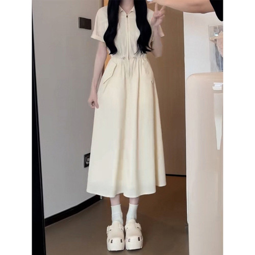 French-style gentle short-sleeve blouse dress for women, summer design with pockets, waist-cinching for a slimming effect, temperament A-line long skirt