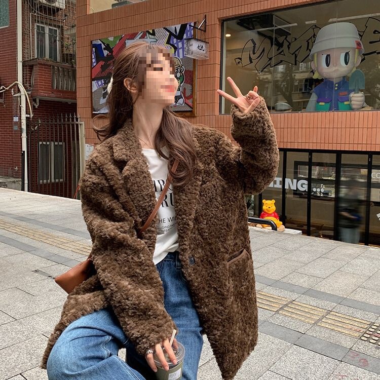 Autumn and Winter Thickened Mid-Length Suit Collar Teddy Fur Integrated Plush Fur Coat for Women