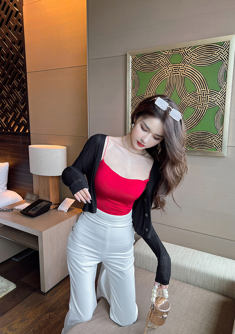 Áo cardigan nữ dệt kim mỏng chống nắng, tay ngắn, dáng suông, phối khăn choàng — Màu đen chi tiết 7