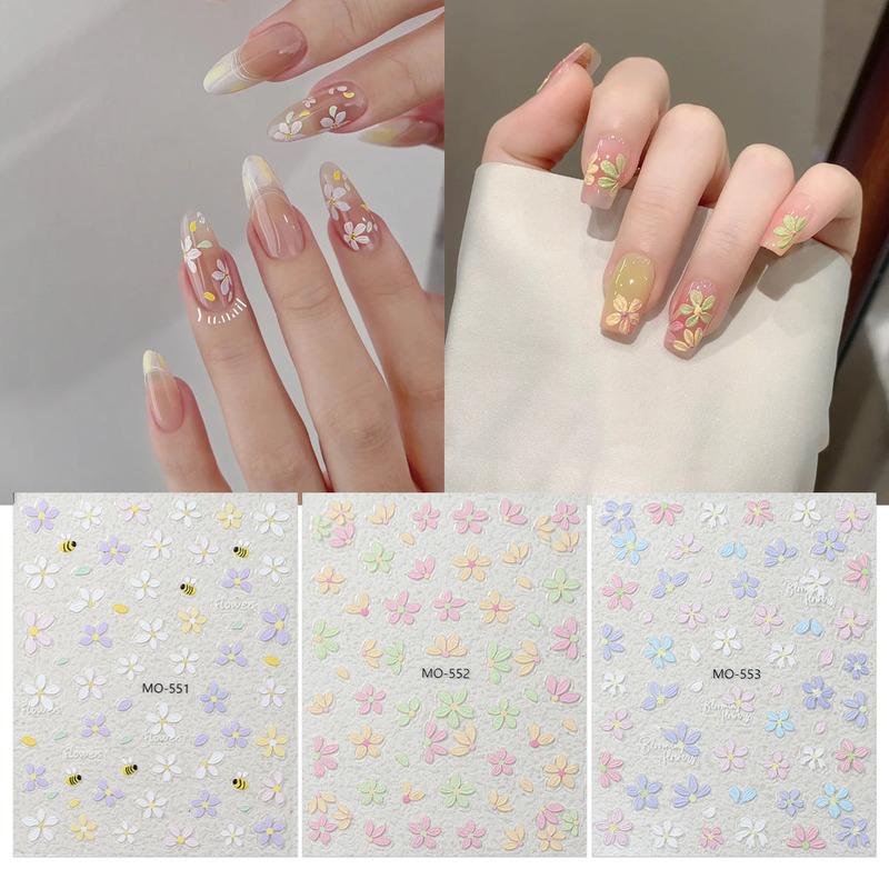 Ins Style Stereo Flower Nail Art Stickers Embossed Candy Color Fresh Flowers Hand-Painted Five-Petal Flower Wearable Nail Stickers