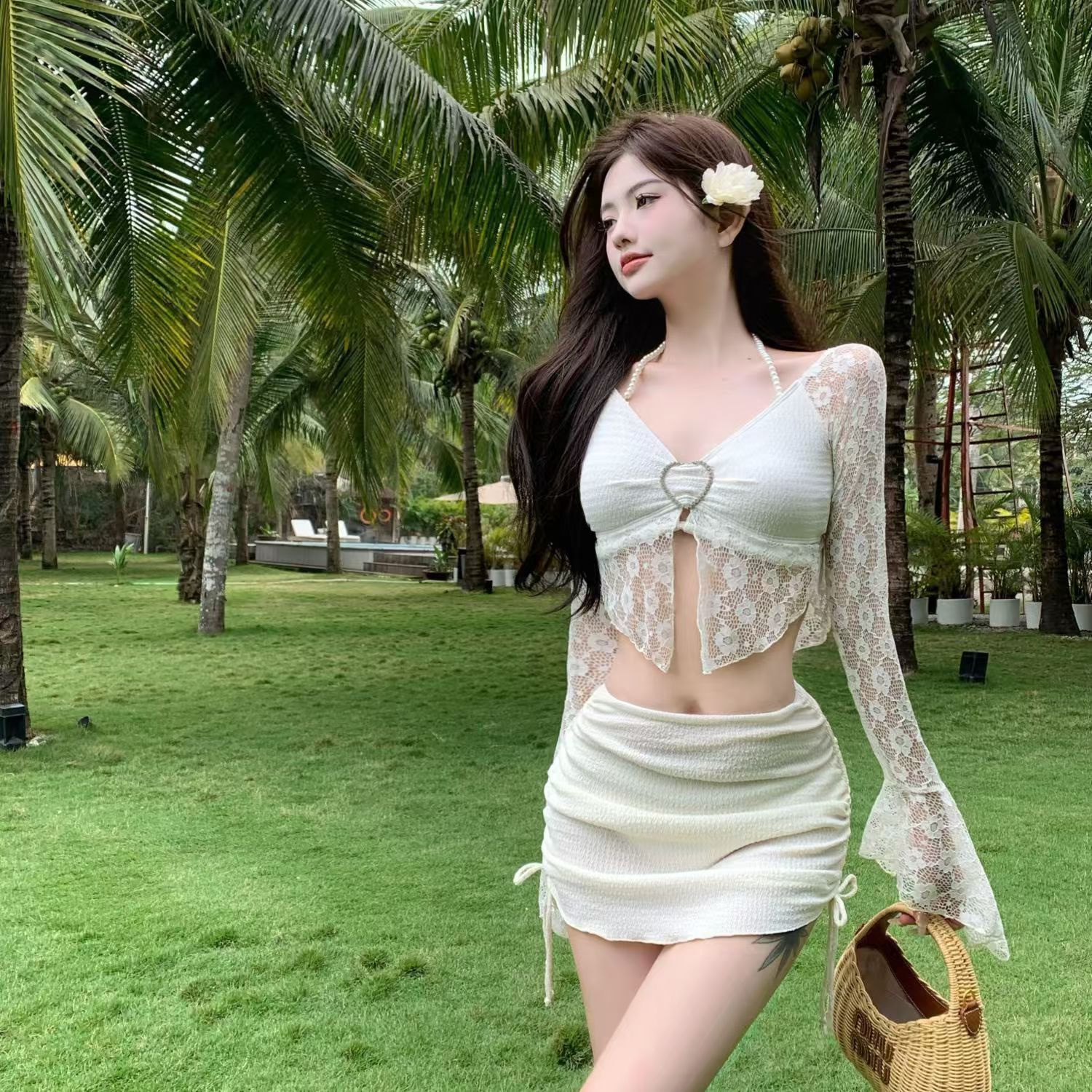 omom2024年春夏新款性感比基尼分體四件套泳衣長袖防曬鏤空泳裝