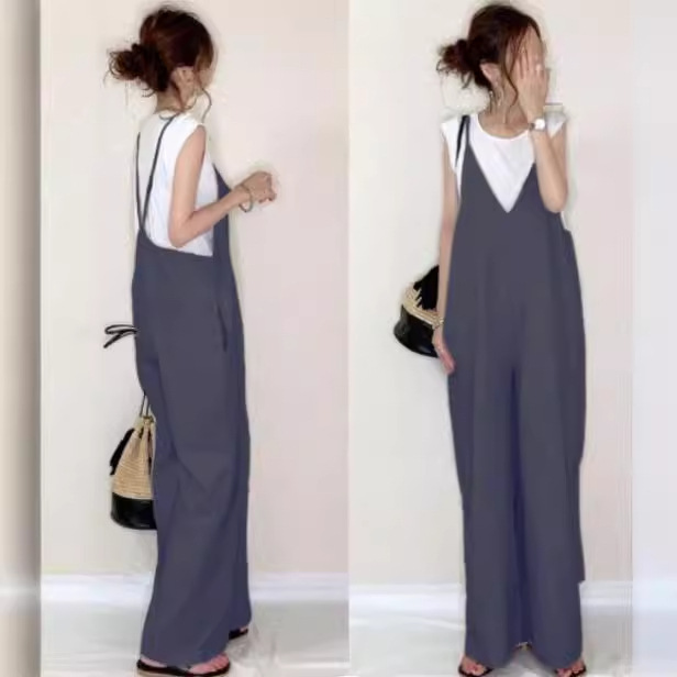 Mono de comercio exterior transfronterizo 2024 verano nuevo estilo tirantes de mujer japonesa pantalones anchos sueltos casuales de color sólido