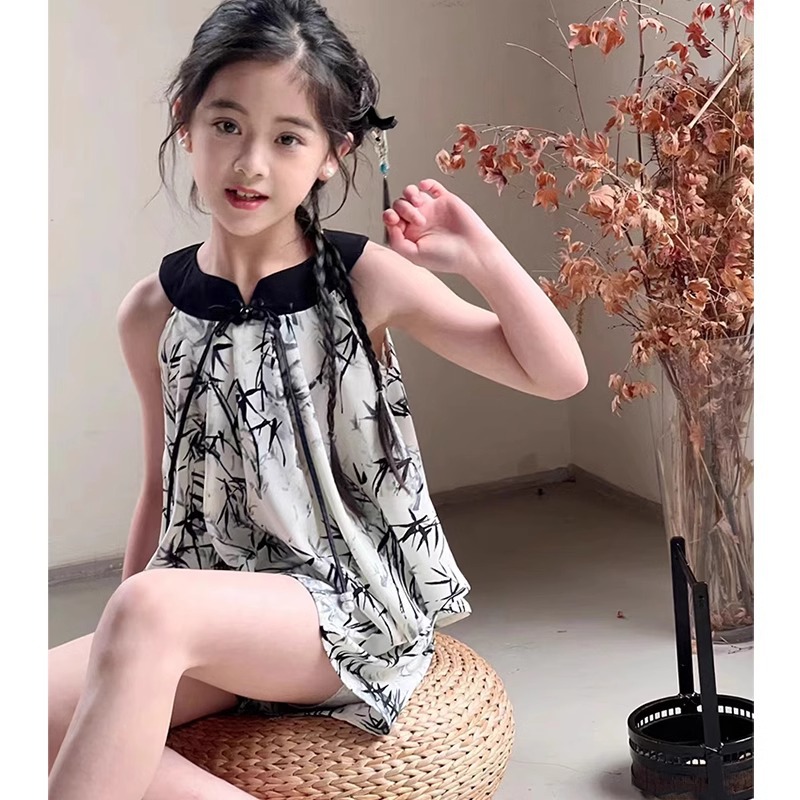 Girls' 2024 summer new Chinese style sleeveless ink bamboo leaf cool top loose shorts two-piece set trendy_voghion.com