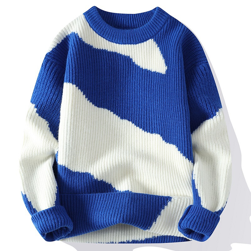 Dropshipping 2024 New Personalized Cow Sweater Men's Knitted Sweater Round Neck Loose Contrast Stripesd Needle