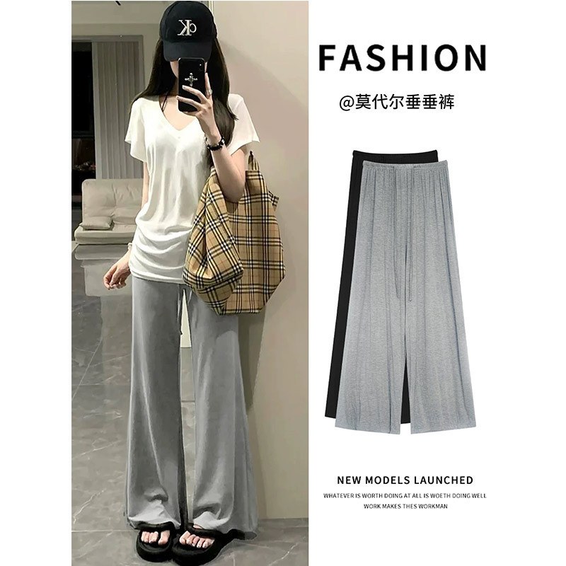 Gray Modal Wide-Leg Pants for Women, Summer Thin High-Waisted Loose Straight-Leg Sports Pants, Casual Ice Silk Sun-Protection Pants