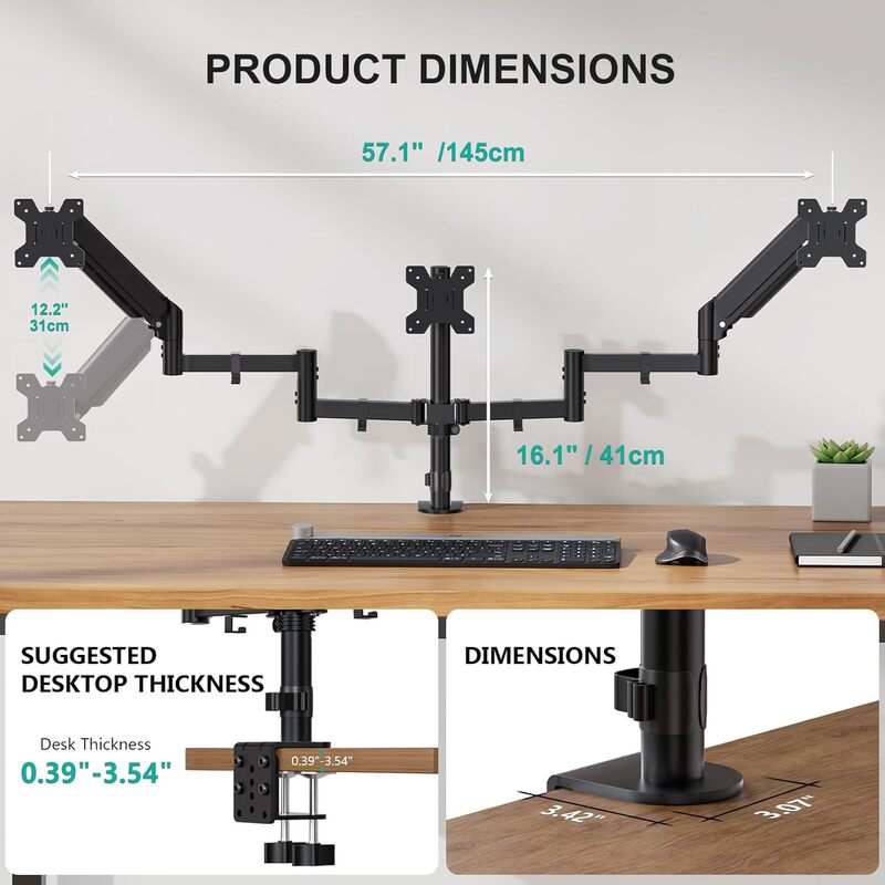 Zhongqu Three-Screen Monitor Stand Mechanical Arm Adjustable and Rotatable Computer Screen Mount 13-32inch Dual-Arm Gas Lift