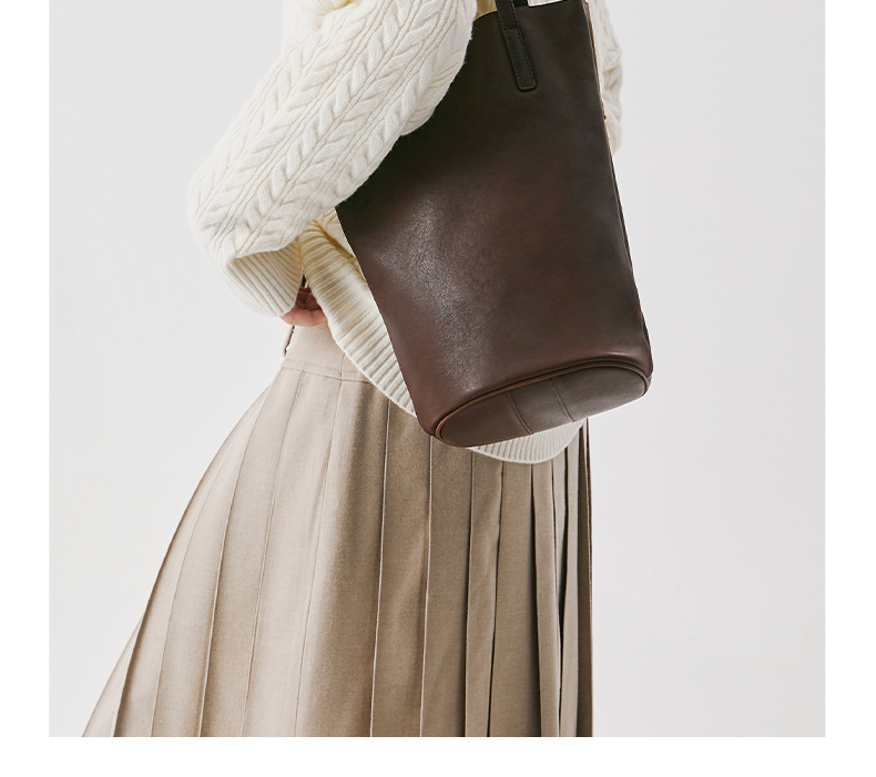 Qiu Zhen Lazy Water Bucket Genuine Shoulder Unique Soft Leather Women's Ba, Commutin Top Layer Plant Tanned Cowhide_voghion.com