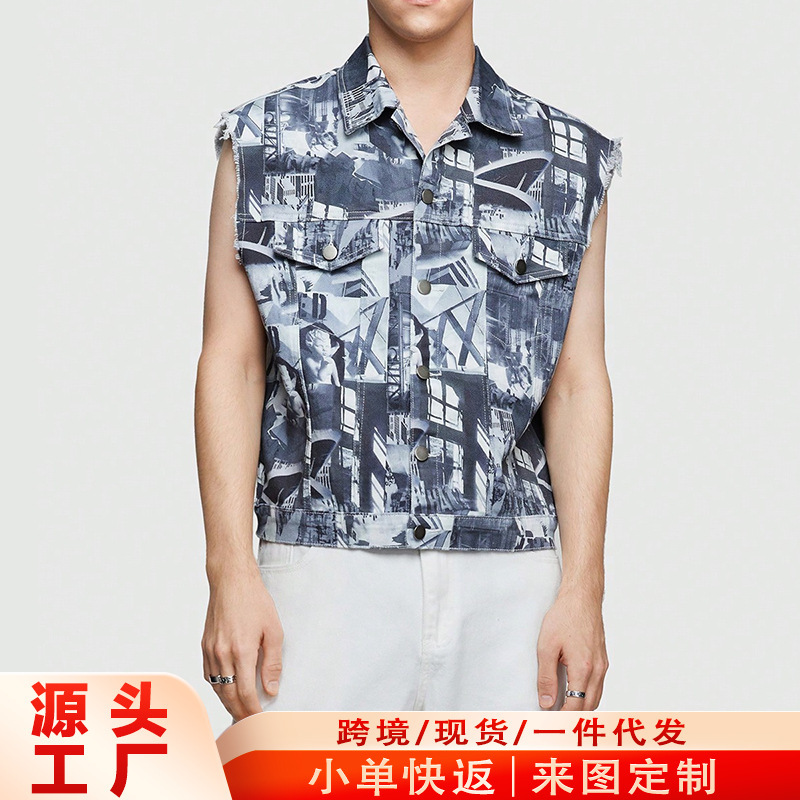 Korean Style Hip-Hop Ins Loose Vest Denim Jacket Digital Printing Workwear Sleeveless Vest Jacket Men's Customization