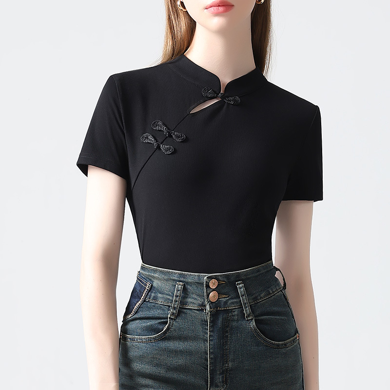 Nueva camiseta de manga corta con cuello cheongsam con hebilla oblicua china de estilo nuevo 2024 camiseta de manga corta con cuello alto de estilo nacional para mujer