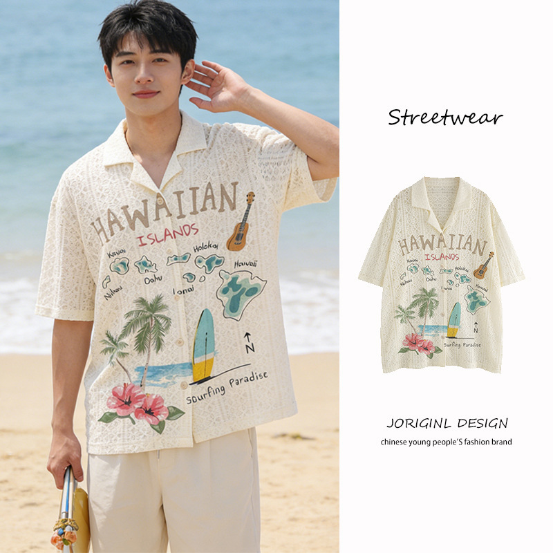 Textured Lace Hawaiian Style Printed Short-Sleeved Shirt for Men, Spring and Summer New Style, Loose Casual Top for Women Textured Lace Hawaiian Style Printed Short-Sleeved Shirt for Men, Spring and Summer New Style, Loose Casual Top for Women