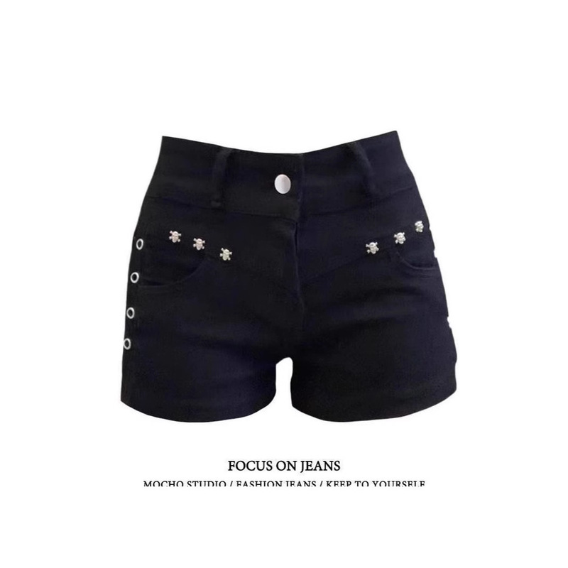 Summer Black Denim Shorts for Women 2025 New Hot Girl Rivet Low Waist Slim Fit Versatile Wide Leg Hot Pants